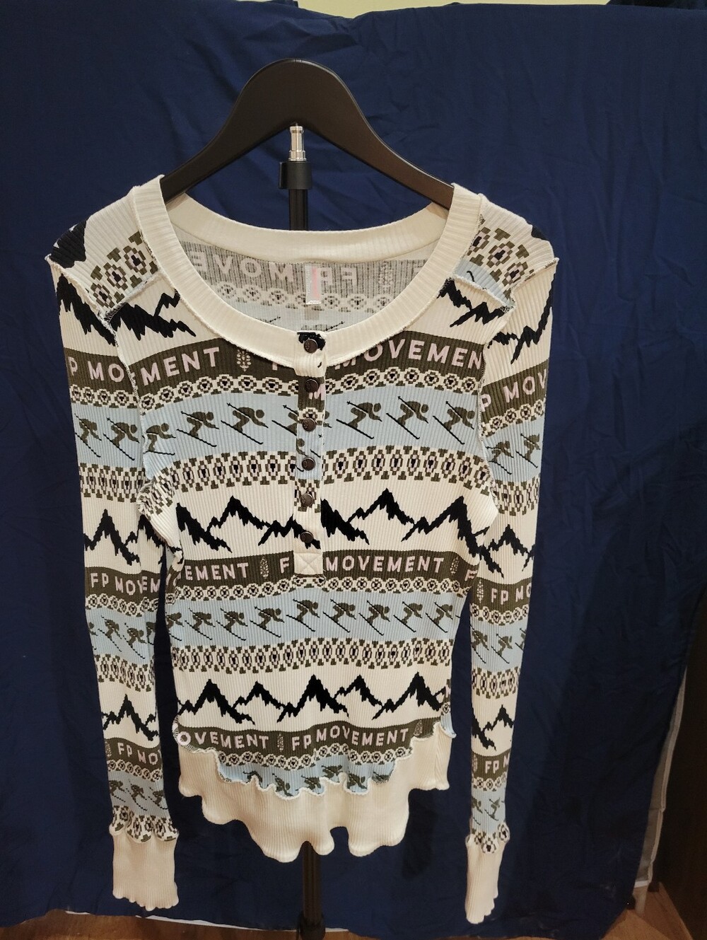 Free People Henley Knit Long-Sleeve Top in Light Blue and White